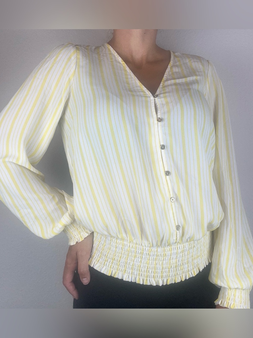 Michael Kors Women’s S Yellow White Striped Button Front Smocked Top Blouse